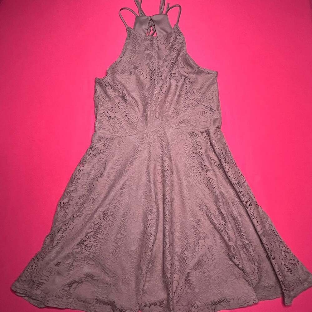 Bailey Blue Dusty Rose Mauve Floral Lace High Neck Lace Up Back Mini Dress Small